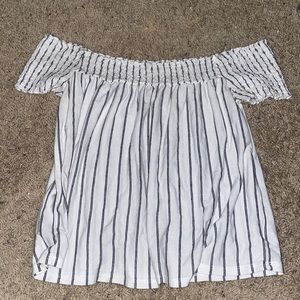 blue and white striped off the shoulder shirt